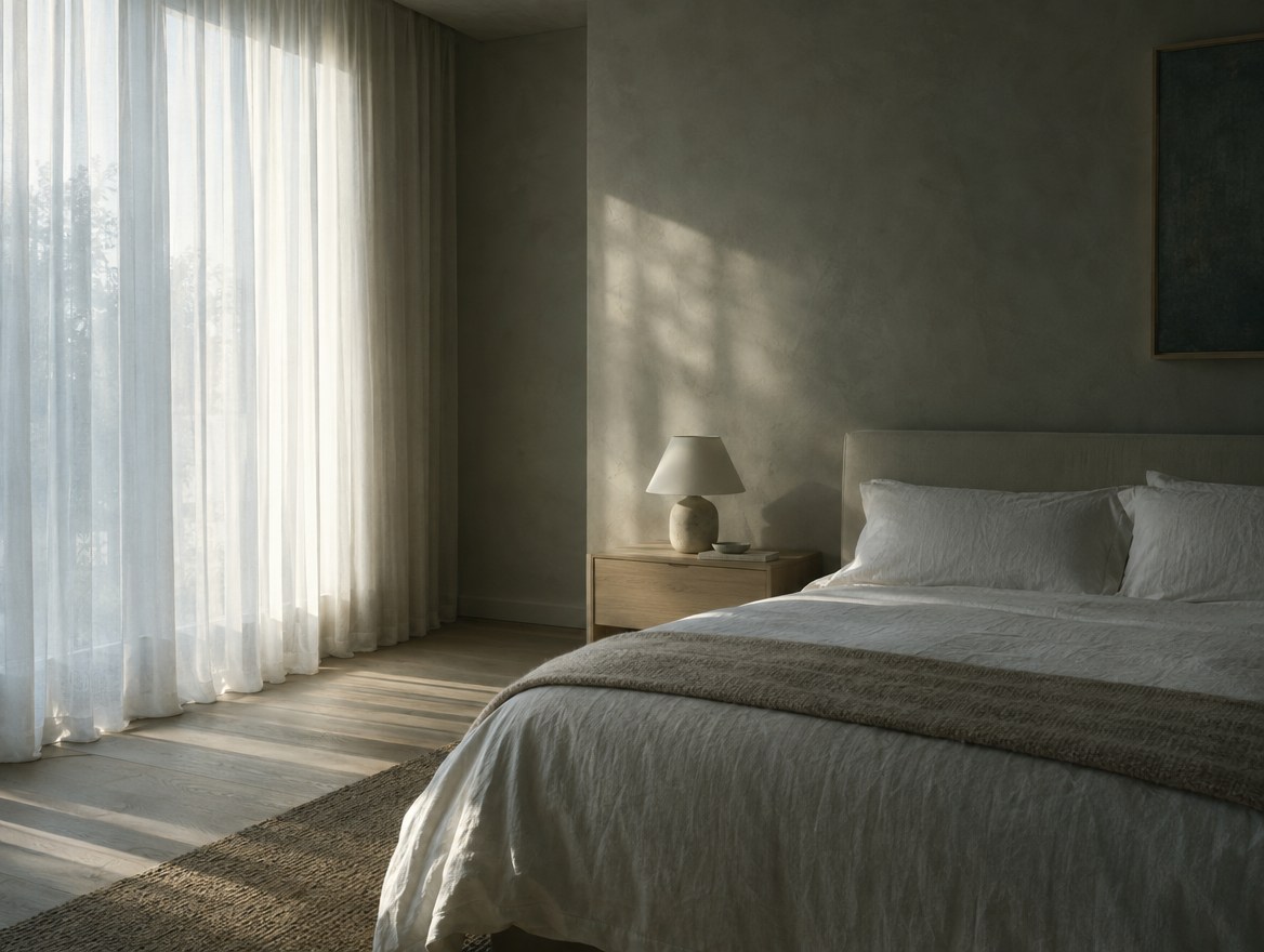Bedroom in first morning light with white linens