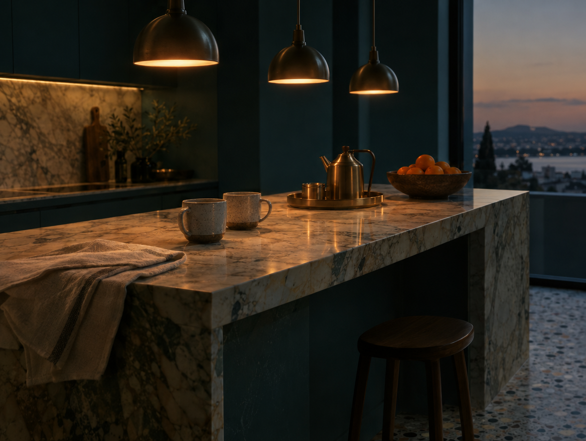 Kitchen counter set with coffee and fresh towels